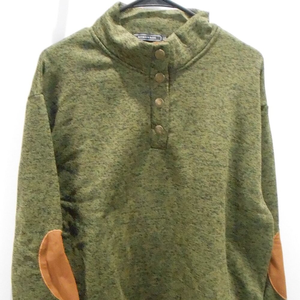 Men's Green & Black Fleece Lined Pullover Sweater Faux Leather Elbow Patches XL